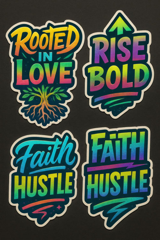 Colorful Motivational Sticker Pack, Rooted in Love, Rise Bold, Faith Hustle Decals
