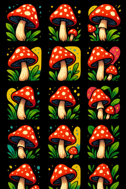 Colorful Mushroom Pattern Throw Pillow, Red Mushroom Illustration, Nature Inspired Home Decor
