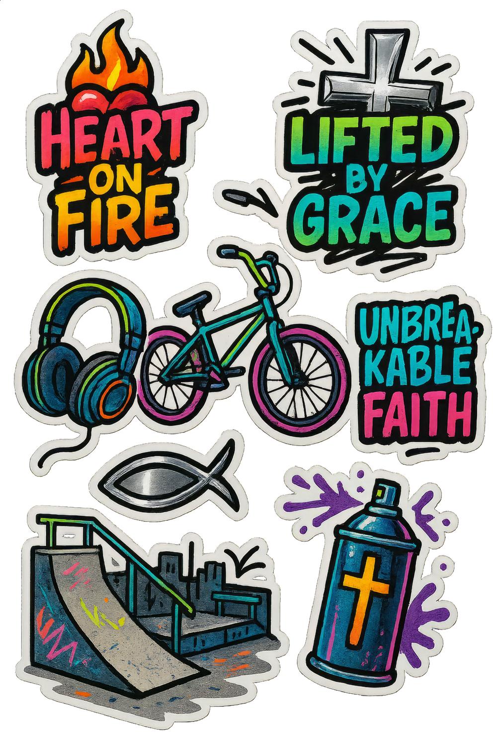 Colorful Street Art Stickers, Urban Style Decals, Fire, Grace, Faith, Bicycle, Headphones, Spray Can Designs