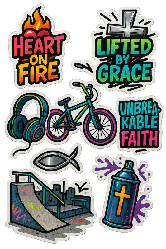 Colorful Street Art Stickers, Urban Style Decals, Fire, Grace, Faith, Bicycle, Headphones, Spray Can Designs
