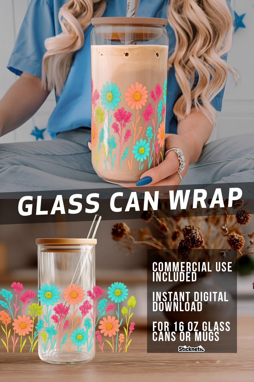Colorful Flower Glass Can Wrap, Digital Download for 16 oz Mugs, Commercial Use Included