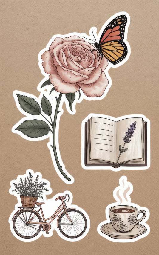 Vintage Style Stickers Set, Rose, Butterfly, Bicycle, Book, Coffee Cup, Floral Decorative Decal Pack for Scrapbooking and Crafts.