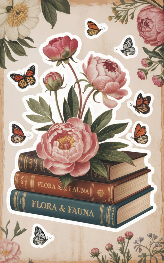 Vintage Floral and Fauna Book Stack Sticker, Peony Flowers, Butterfly Decals, Nature Inspired, Scrapbooking, Journaling Accessories