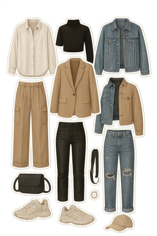 Vintage Inspired Capsule Wardrobe Collection, Classic Denim and Neutral Tones Set
