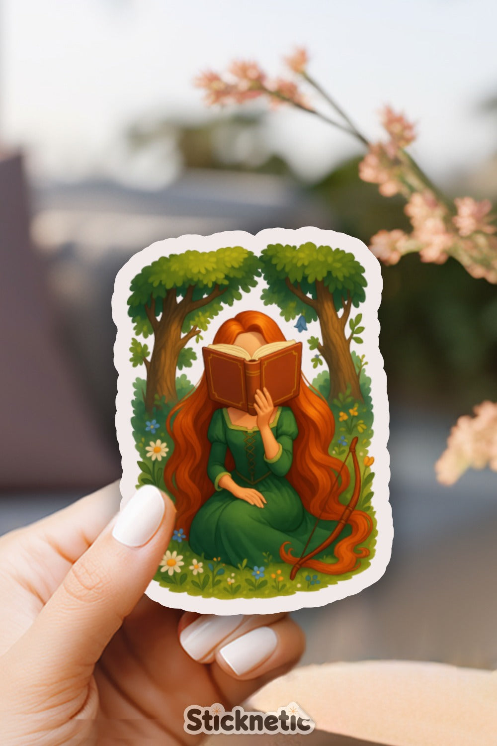 Fantasy Forest Reading Girl Sticker, Green Hair Book Lover Decal, Whimsical Nature Laptop Decoration