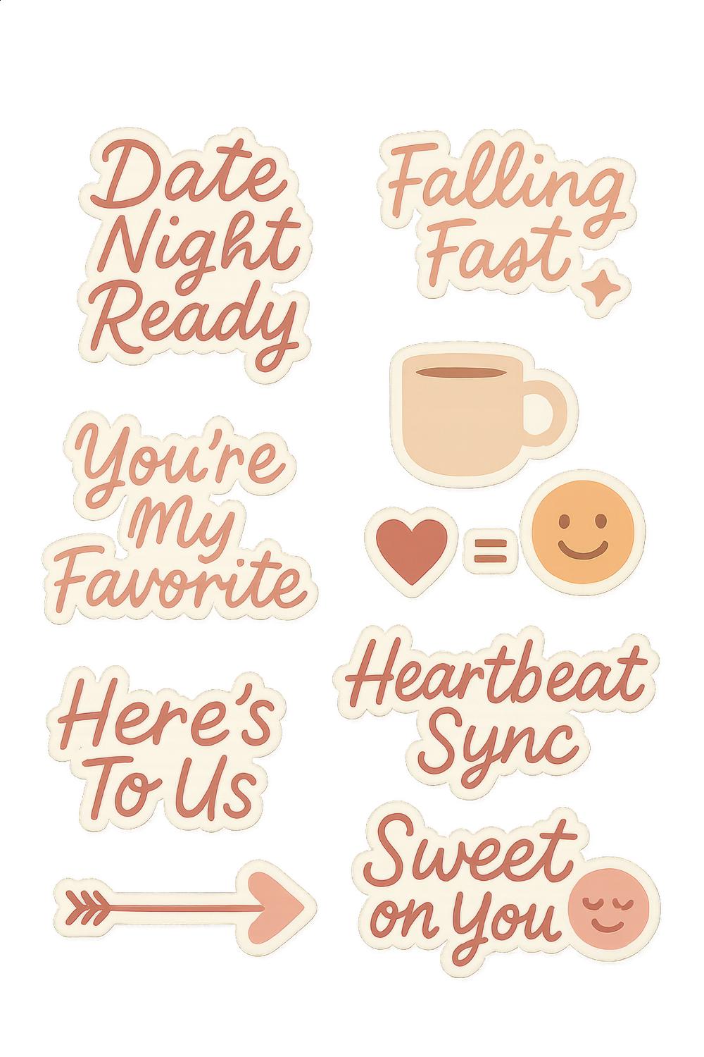 Romantic Sticker Pack, Date Night, Falling Fast, Sweet On You, Heartbeat Sync, Love Quotes Stickers