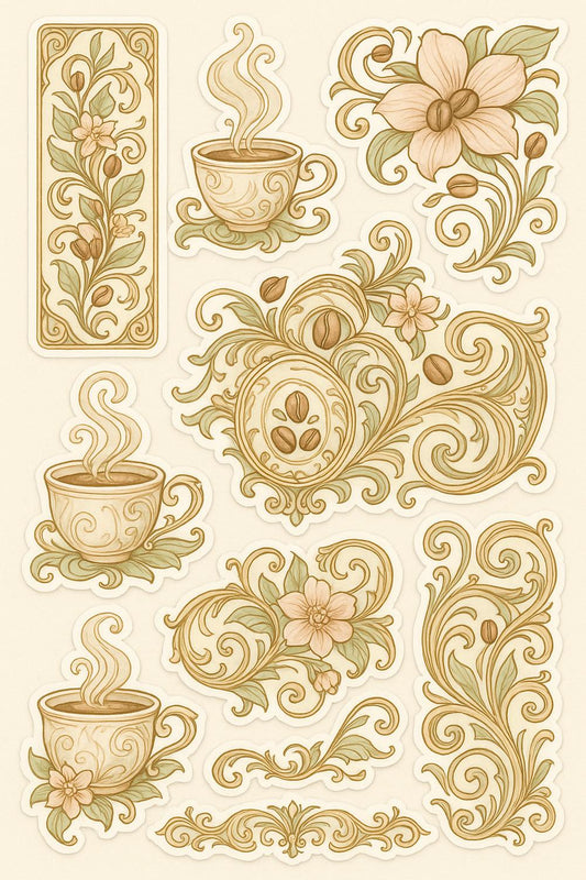 Vintage Floral and Coffee Cup Art Prints, Beige Gold Wall Decor, Kitchen Artwork Set of Prints