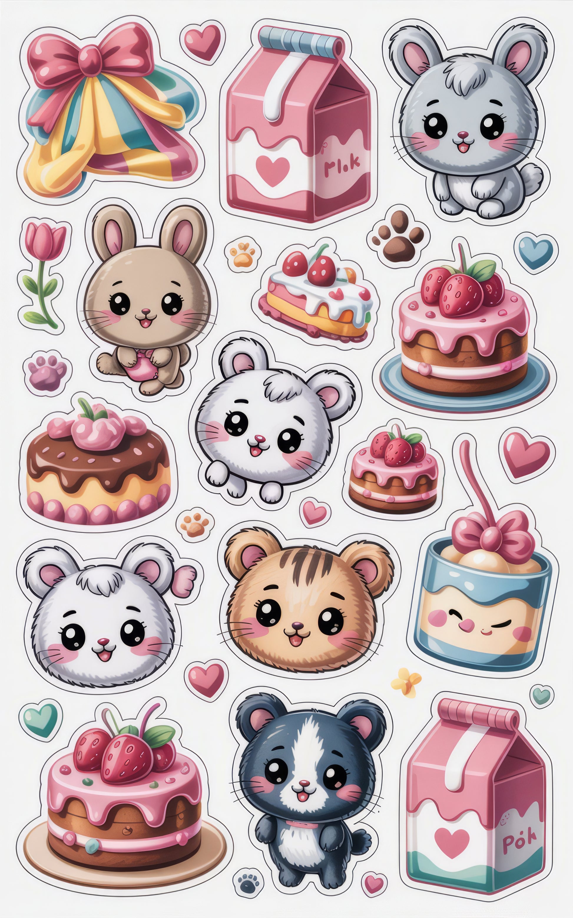 Cute Animal Stickers, Kawaii Bunny, Mouse, Tiger, Skunk Decals, Strawberry Cake, Milk Carton Designs, Gift Wrapping Accessory