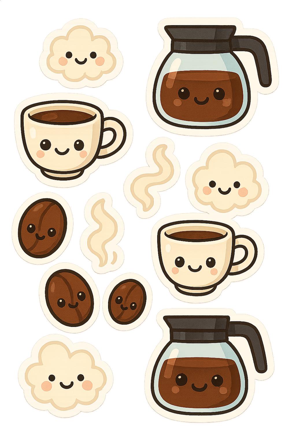 Cute Coffee and Smiling Cloud Stickers, Kawaii Planner Stickers, Decorative Coffee Cup and Bean Decals, Scrapbooking Accessories