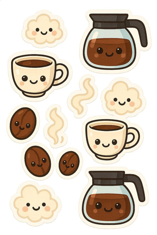 Cute Coffee and Smiling Cloud Stickers, Kawaii Planner Stickers, Decorative Coffee Cup and Bean Decals, Scrapbooking Accessories