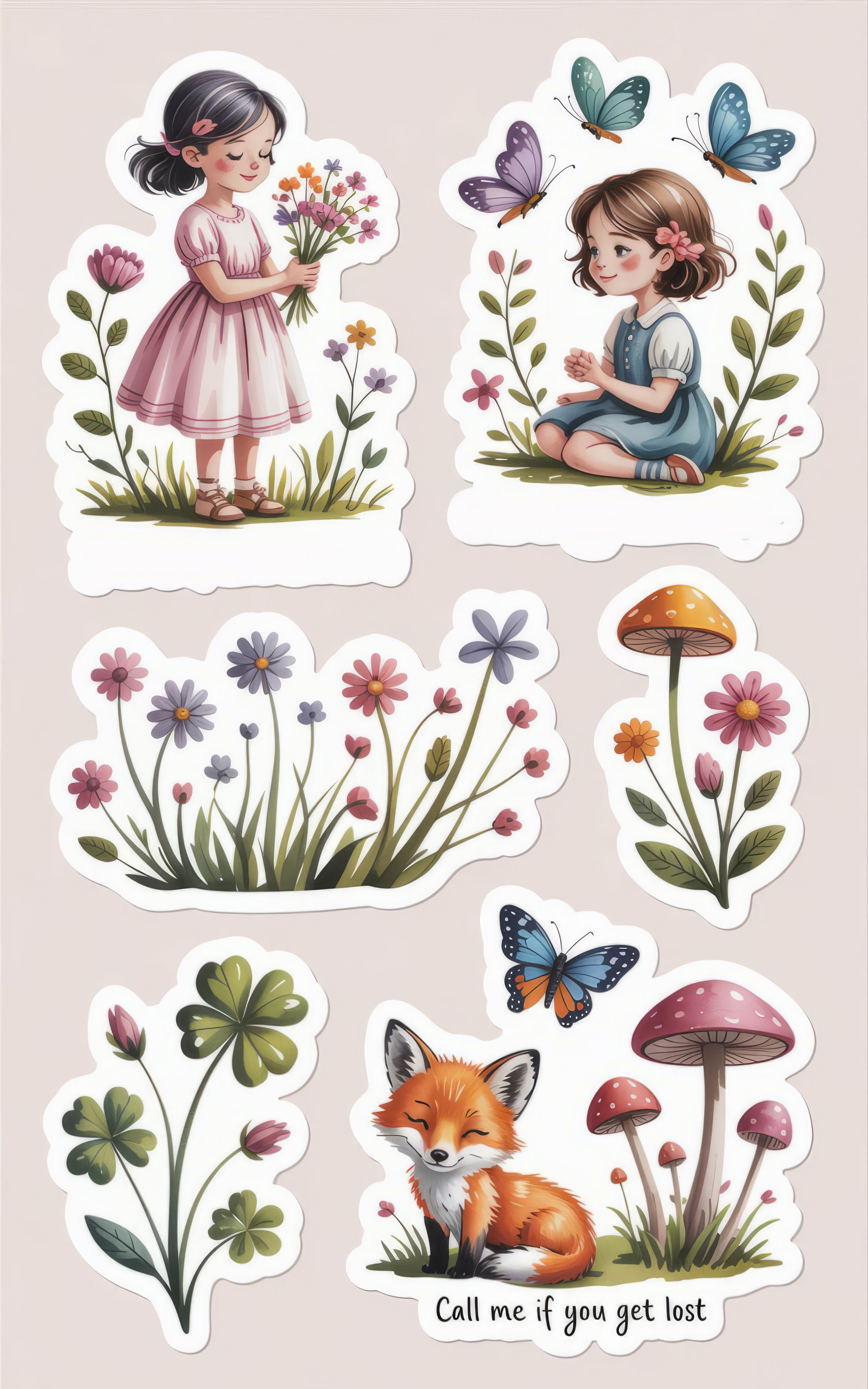 Vintage-Inspired Floral Girls and Fox Stickers, Cute Butterfly Decals, Garden Fantasy Adhesive Labels for Scrapbooking and Crafts.