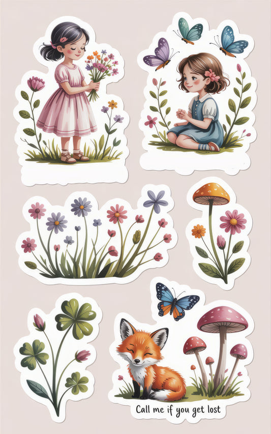 Vintage-Inspired Floral Girls and Fox Stickers, Cute Butterfly Decals, Garden Fantasy Adhesive Labels for Scrapbooking and Crafts.