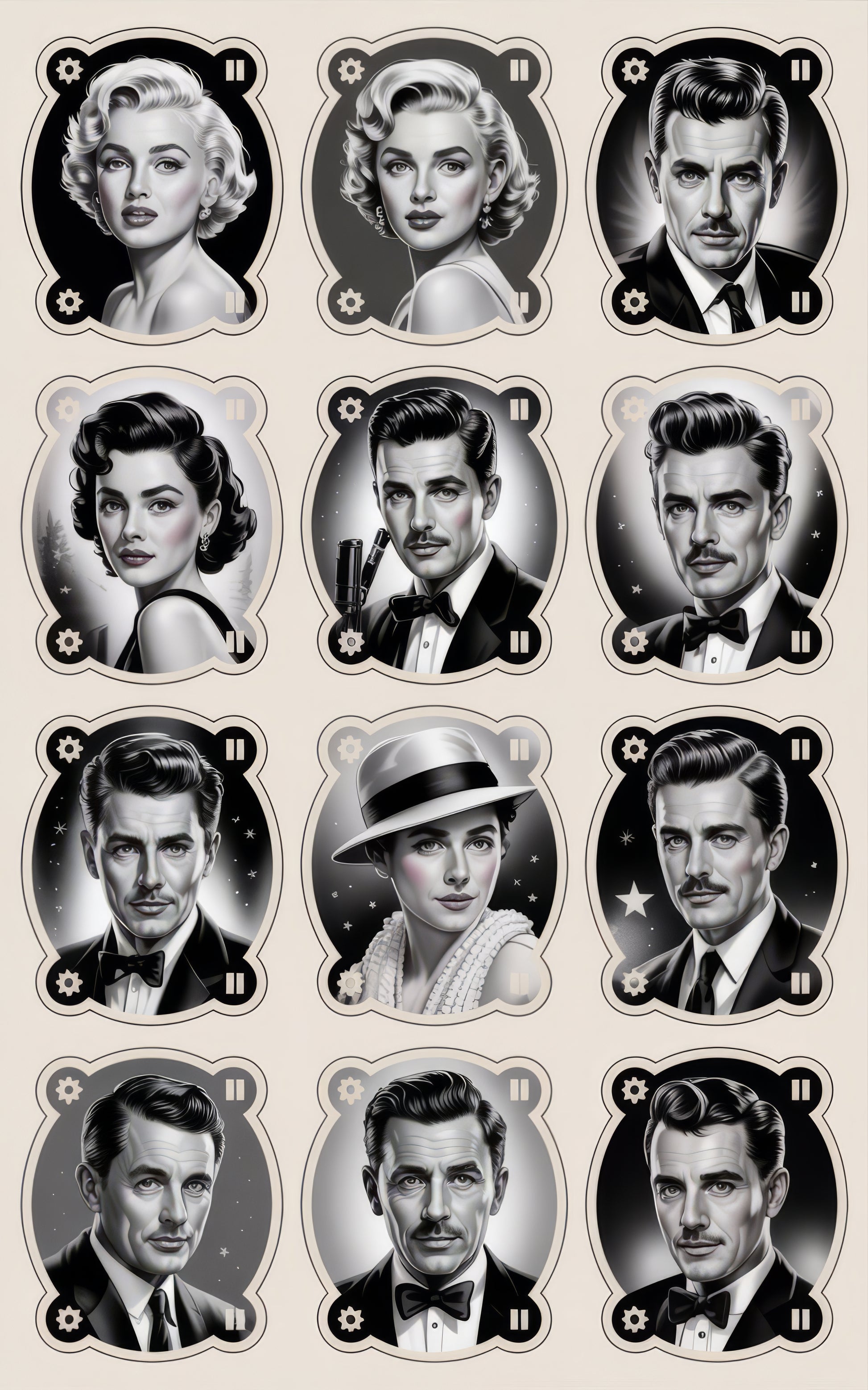 Vintage Hollywood Star Stickers, Classic Film Icons, Decorative Laptop Decals, Retro Celebrity Portraits, Waterproof Vinyl, 12-Pack