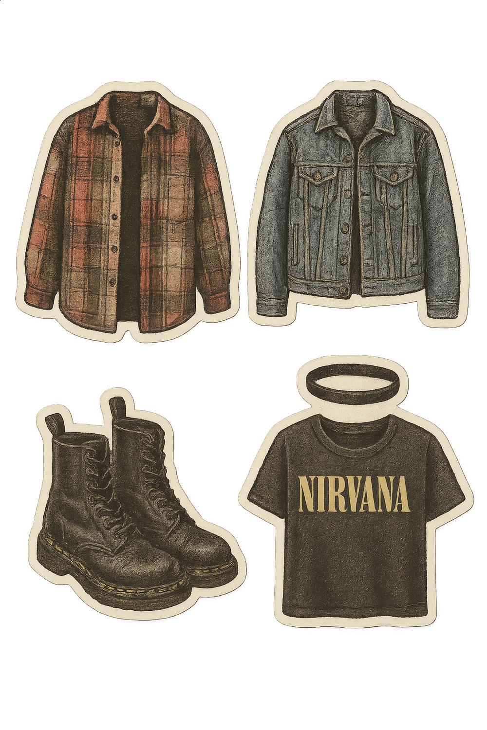 Vintage Style Clothing Stickers, Retro Denim Jacket, Plaid Shirt, Combat Boots, Nirvana Tee