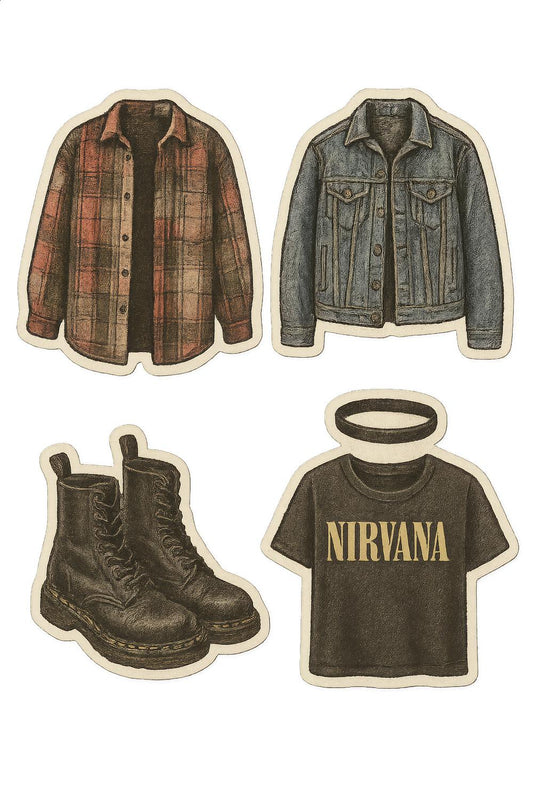 Vintage Style Clothing Stickers, Retro Denim Jacket, Plaid Shirt, Combat Boots, Nirvana Tee