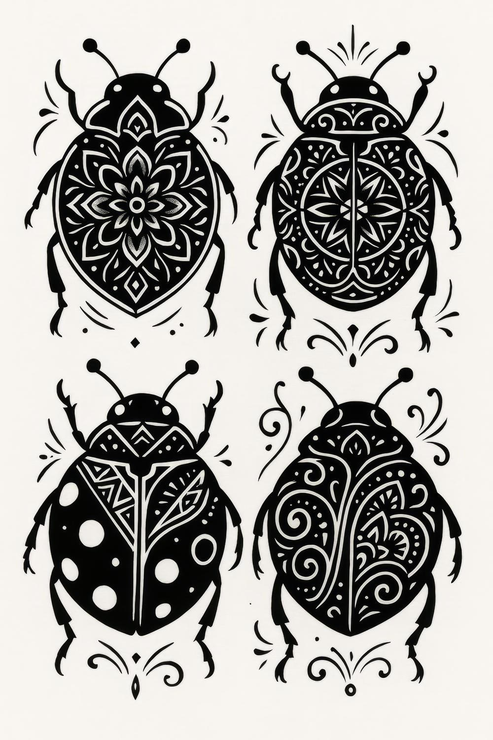 Scarab Beetle Art Prints, Black and White Decorative Insect Illustrations, Set of Four Wall Art Pieces for Home Decor