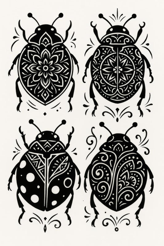 Scarab Beetle Art Prints, Black and White Decorative Insect Illustrations, Set of Four Wall Art Pieces for Home Decor