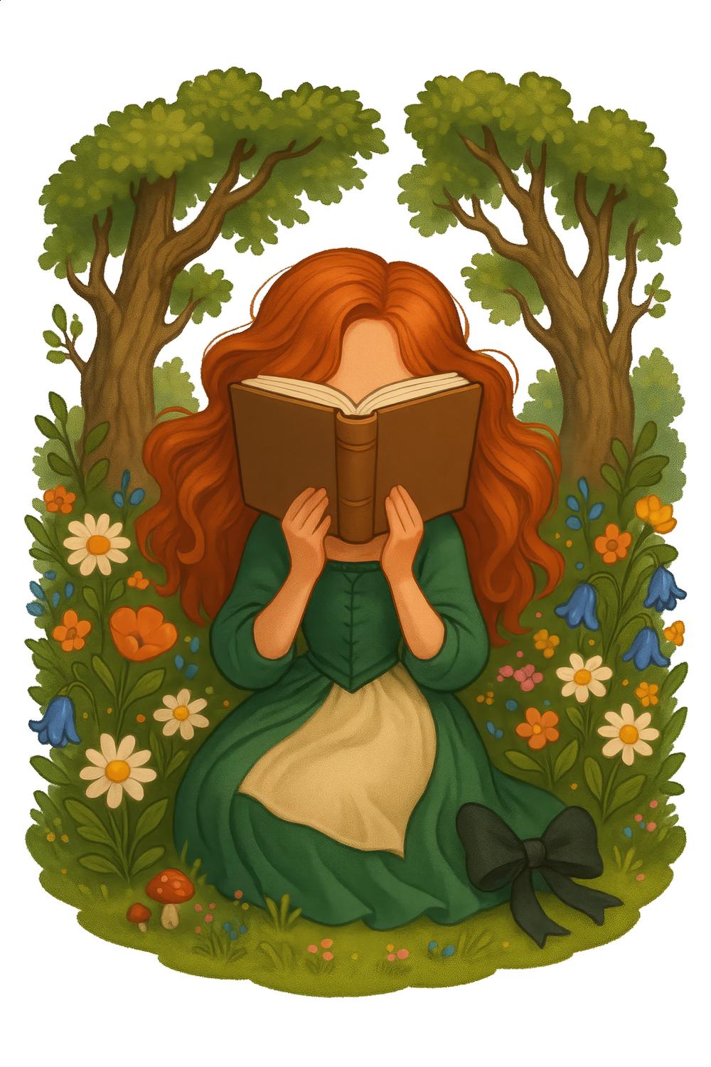 Redhead Woman Reading Book in Flower Garden, Vintage Style Illustration, Wall Art Decor, Nature and Literature Print