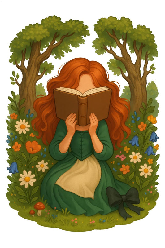 Redhead Woman Reading Book in Flower Garden, Vintage Style Illustration, Wall Art Decor, Nature and Literature Print
