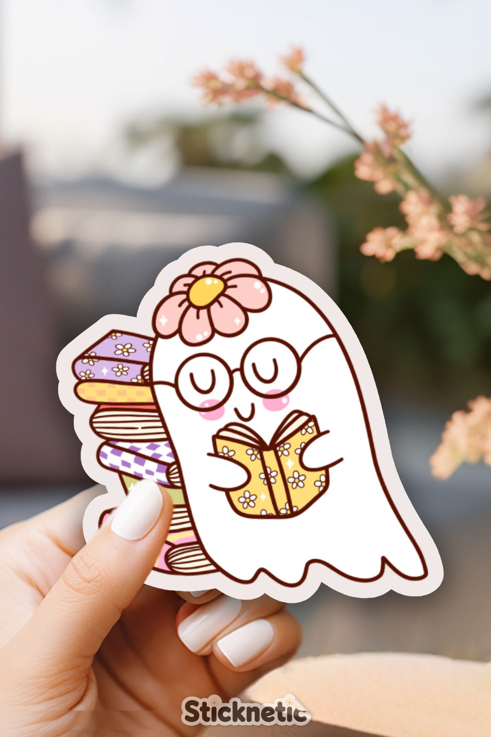Cute Ghost Character Sticker Holding a Book product type