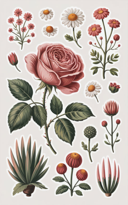 Floral Sticker Set, Vintage Style Rose and Daisy Decals, Botanical Garden Scrapbooking, Waterproof Plant Stickers for Journaling
