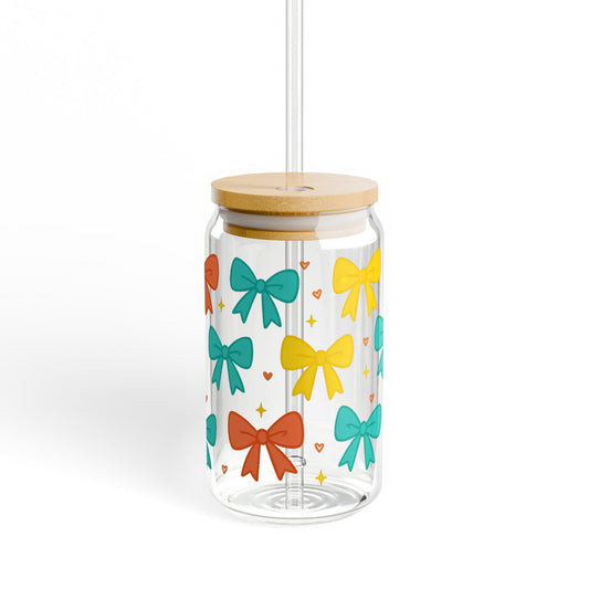 Colorful Bow Design Glass Jar with Bamboo Lid, Stylish Kitchen Storage, Decorative Container