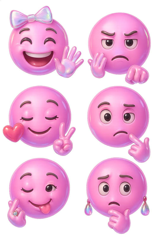 Set of 8 Emoji Emoticons with Expressions, 3D Digital Art, Decorative Wall Art, Pink Emoji Faces, Fun Kids Room Decor, Printable Images