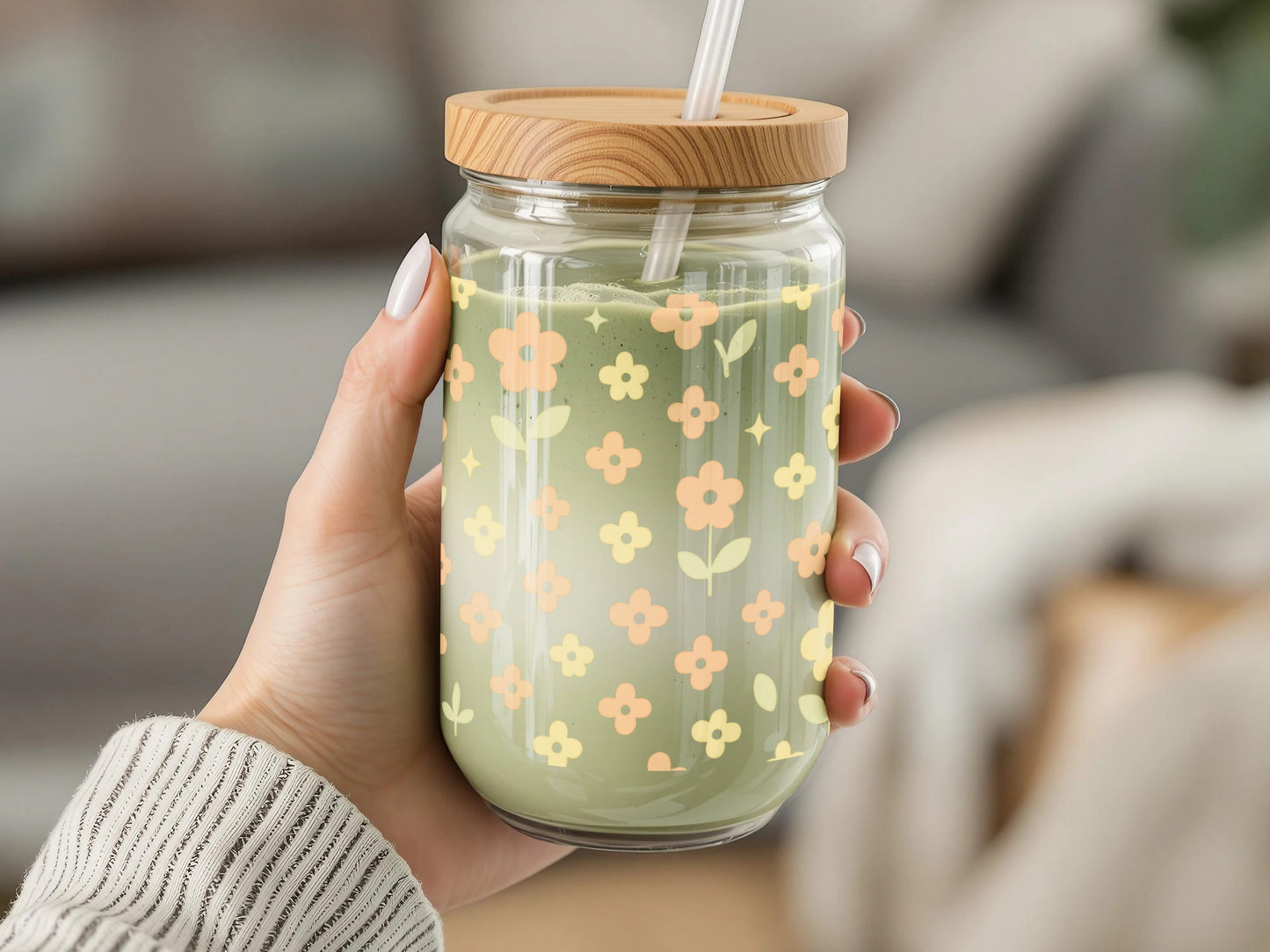 Floral Pattern Glass Drinking Jar with Bamboo Lid, Reusable Straw, Cute Spring Design