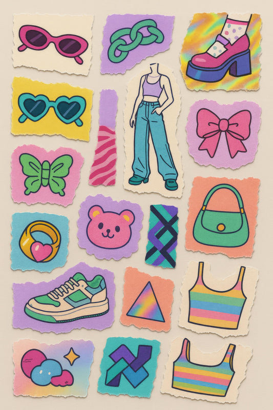 Colorful Retro Sticker Set, Vintage 90s Style Fashion Decals, Sunglasses, Shoes, Bear, Purse Icons for Scrapbooking and Crafts