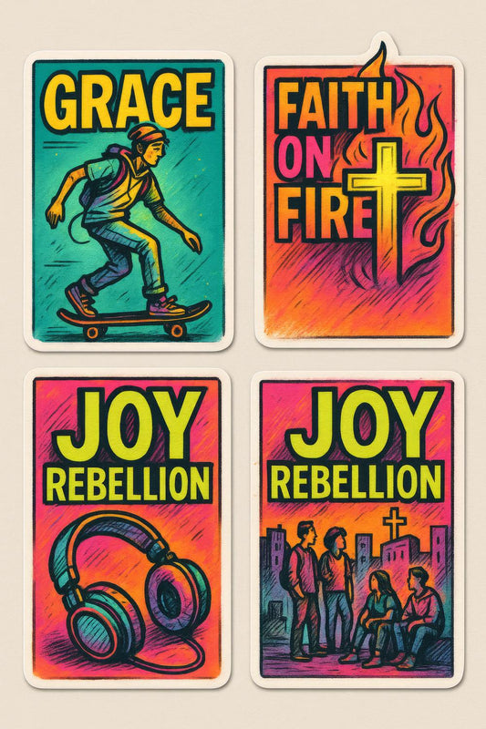 Set of 4 Retro Skateboard and Faith Inspired Illustrated Stickers, Vibrant Colorful Decals for Laptops and Notebooks