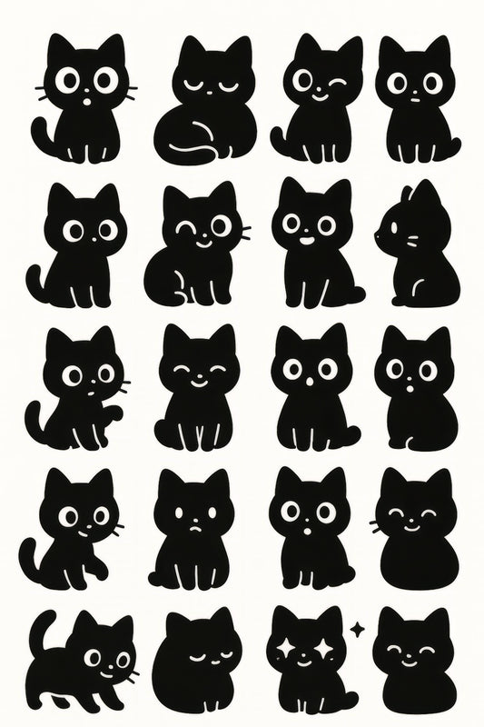 Cute Black Cat Stickers Set, Cartoon Feline Decals, Kitten Silhouette, Scrapbooking, Bullet Journal Decoration, Vinyl Sticker Pack