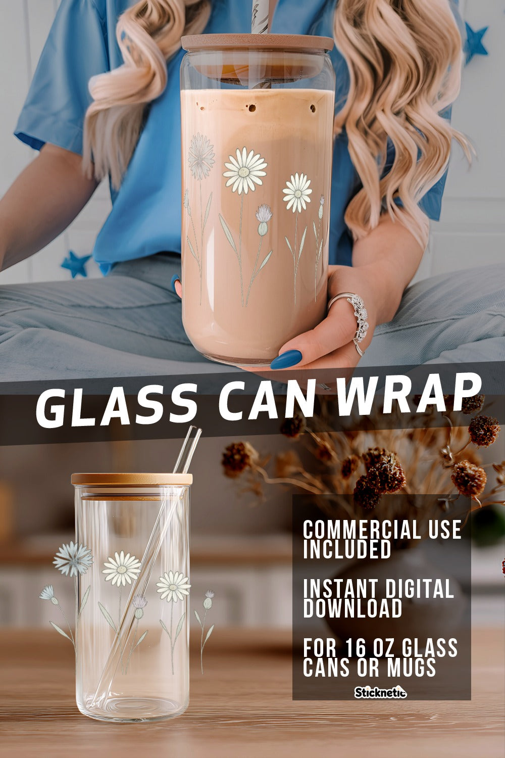 Daisy Glass Can Wrap SVG, Floral Instant Download for 16 oz Mugs, Digital File Only