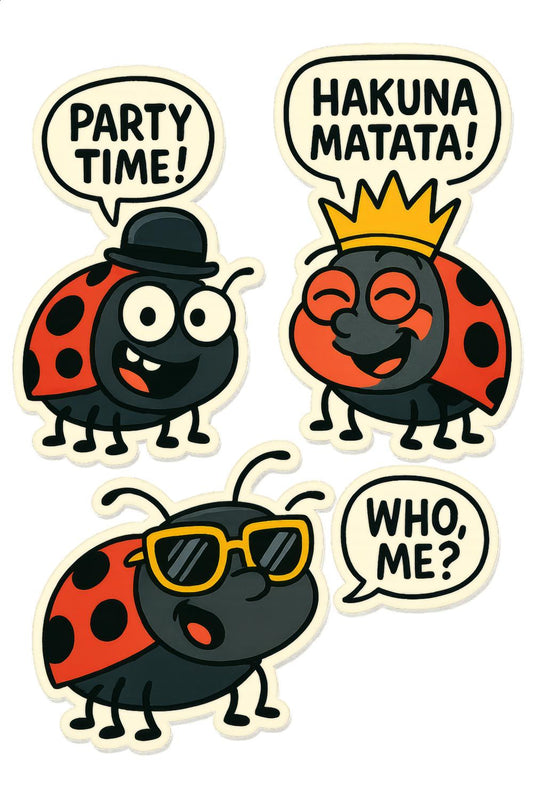 Set of 4 Cute Ladybug Stickers, Funny Cartoon Ladybug Decals, Party Time, Hakuna Matata, Who Me? Stickers for Kids