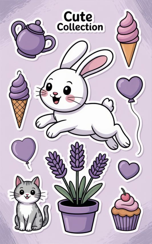 Cute Collection Stickers, Bunny, Cat, Ice Cream, Plant, Cupcake, Balloons, Adorable Decals