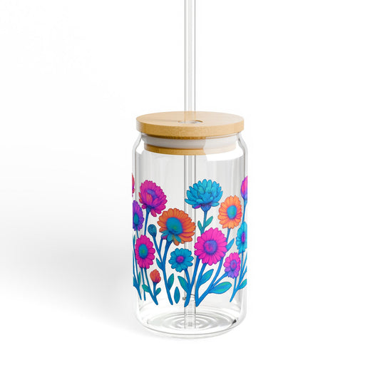 Colorful Floral Glass Jar with Lid, Decorative Home Storage Container, Flower Design Kitchen Organizer