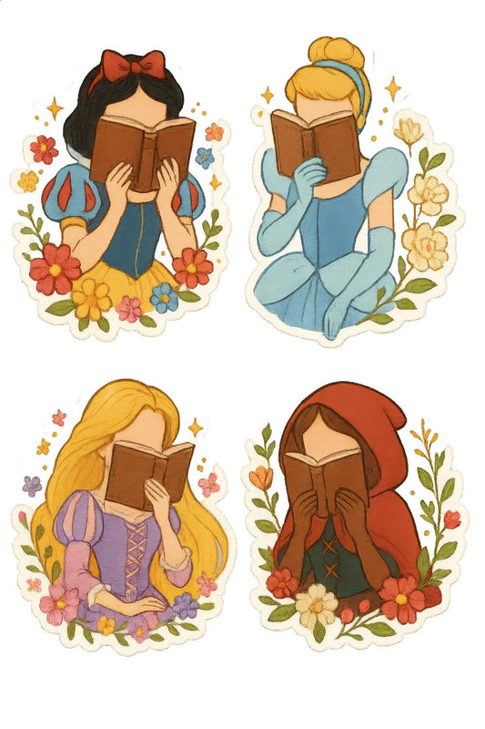 Fairy Tale Princess Book Lover Stickers, Floral Decorative Decals for Journals and Laptops, Set of 4
