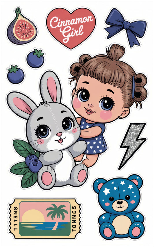 Cute Sticker Sheet, Kawaii Bunny and Girl, Fig, Blueberry, Bow, Teddy Bear, Palm Tree, Lightning Bolt, Fun Decals for Kids