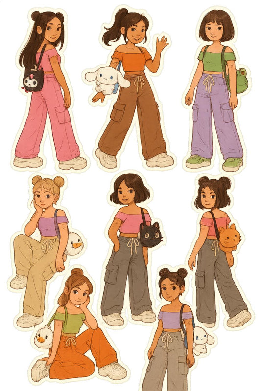 Cute Girl Stickers Pack, Fashion Outfits with Pets, Colorful Planner Decal Set for Teens