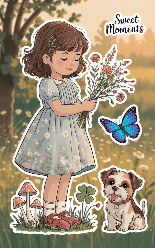 Vintage Girl with Flowers Art Print, Rustic Butterfly and Dog Illustration, Nursery Wall Decor