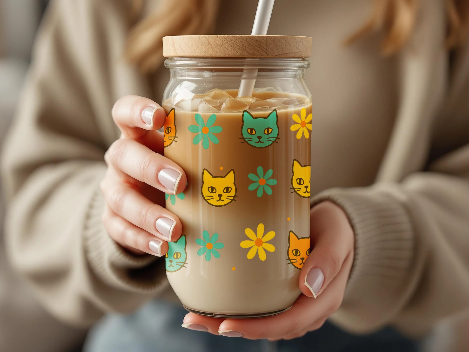 Cute Cat Pattern Reusable Glass Coffee Cup, Colorful Floral and Feline Design, Eco-Friendly Drinkware for Cat Lovers