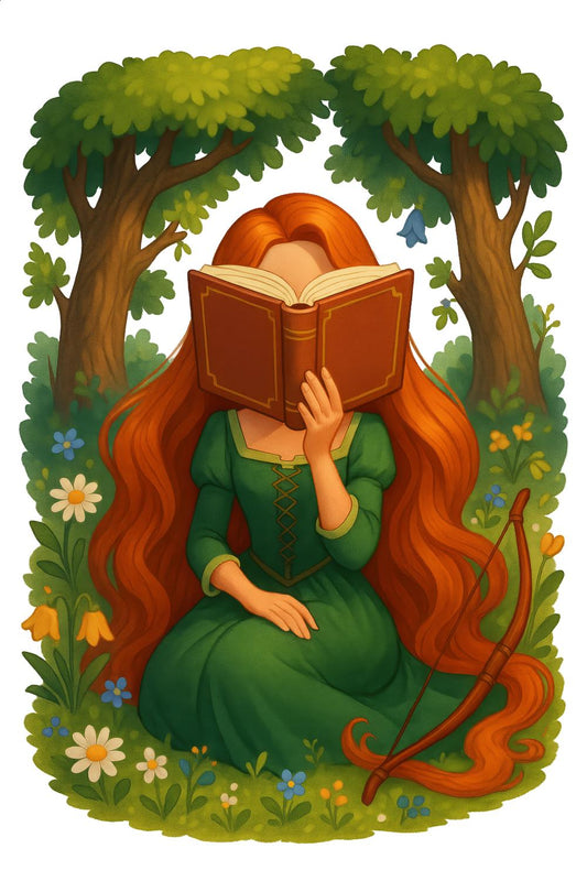 Fantasy Art Print, Red-Haired Woman Reading Under Tree, Vibrant Colors, Whimsical Garden Illustration