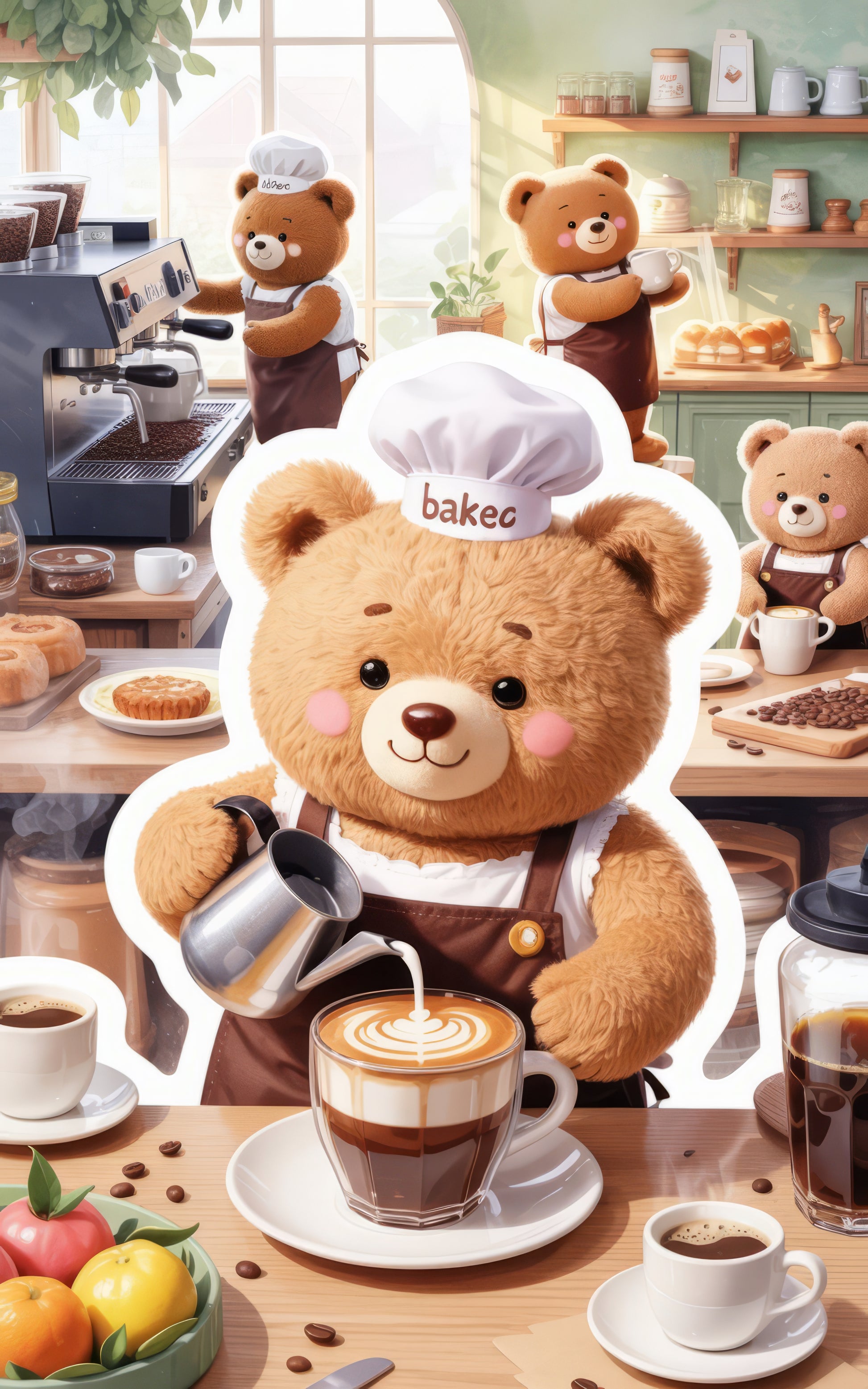 Cute Teddy Bear Barista Coffee Shop Wall Art, Kitchen Decor, Espresso Latte Art Print, Cafe Interior Design, Bear Lover Gift Idea