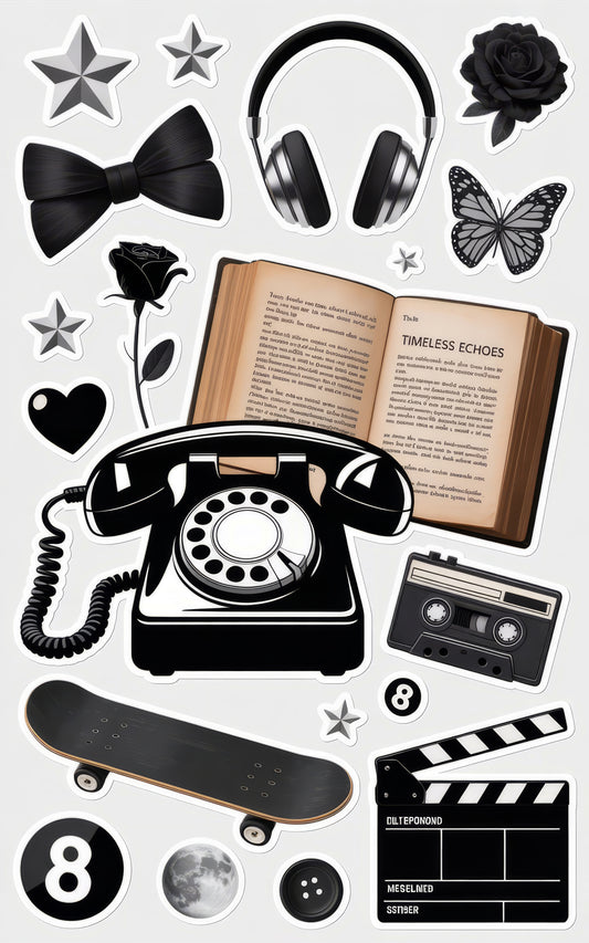 Vintage Sticker Pack, Classic Phone, Retro Cassette, Skateboard, Headphones, Butterfly Decals