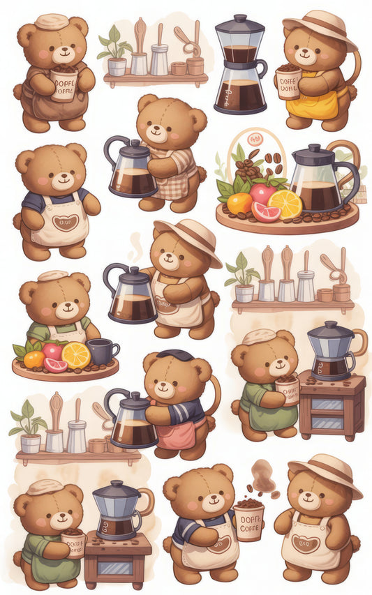 Cute Bear Coffee Time Illustrations, Teddy Barista Art Prints, Kitchen Decor, Cafe Wall Art, Set of Adorable Bear Stickers