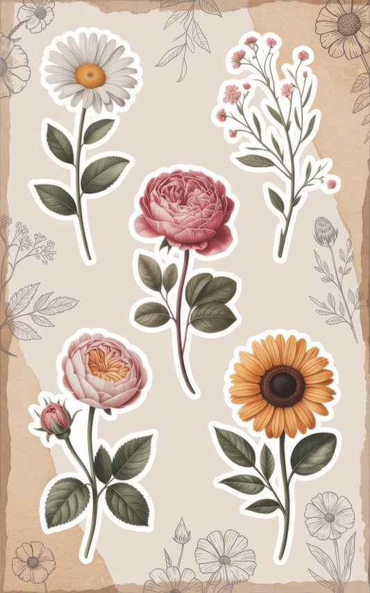 Vintage Floral Sticker Set, Daisy, Peony, Sunflower, Botanical Decals, Scrapbooking, Journaling, Planner Accessories, Gift Idea