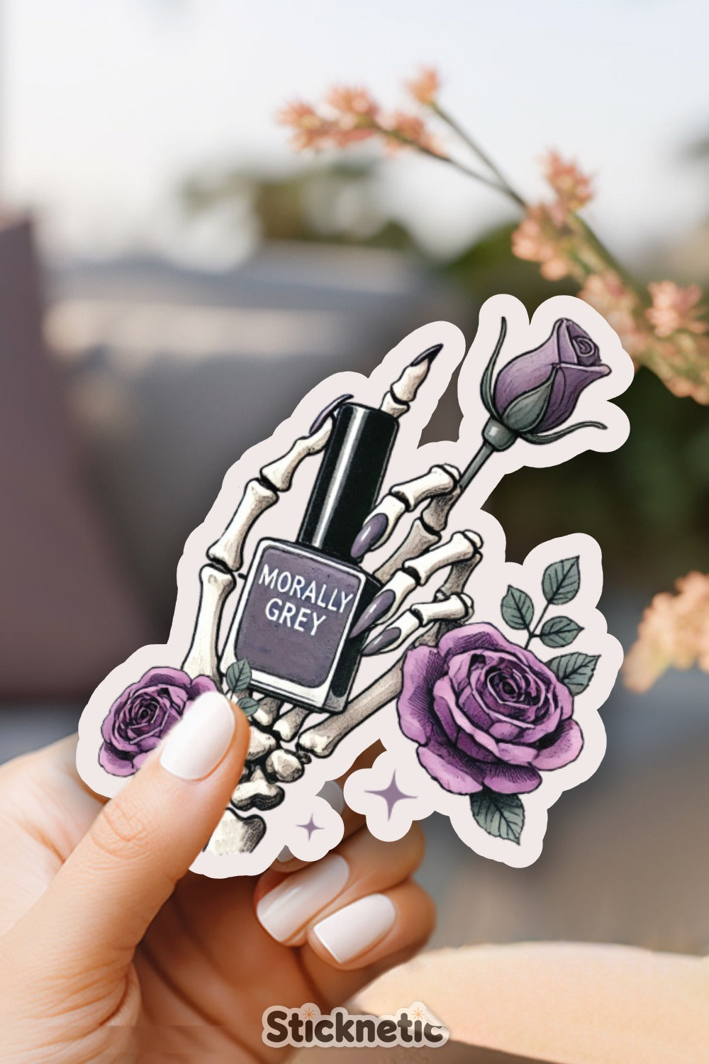 Hand Holding Skeleton with Roses and Nail Polish Sticker product type