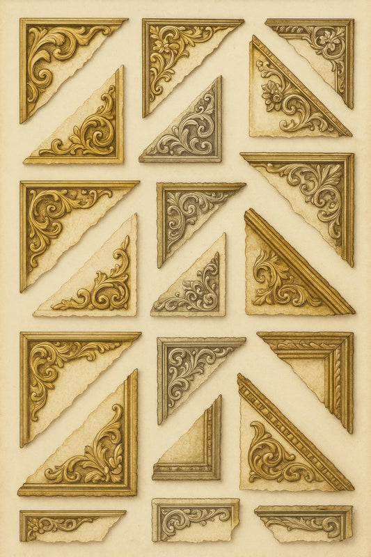 Vintage Decorative Corner Elements - Antique Gold Embossed Corners for Crafting and Scrapbooking, Set of 12 Pieces