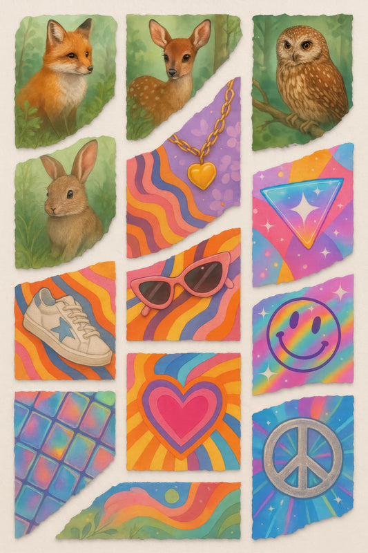 Vintage Animal and Retro Icon Stickers, Cute Fox, Deer, Owl, Rabbit, Heart, Peace Sign, Snazzy Sunglasses, Trendy Shoe
