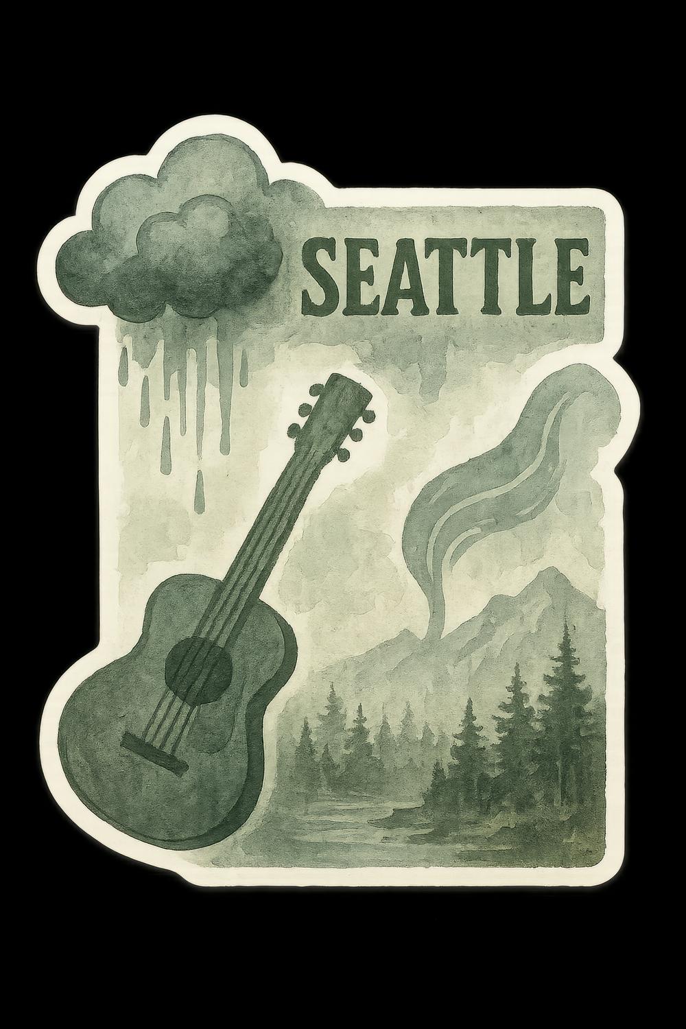 Seattle Rainy Cityscape Sticker, Watercolor Guitar and Clouds, Pacific Northwest Travel Decal