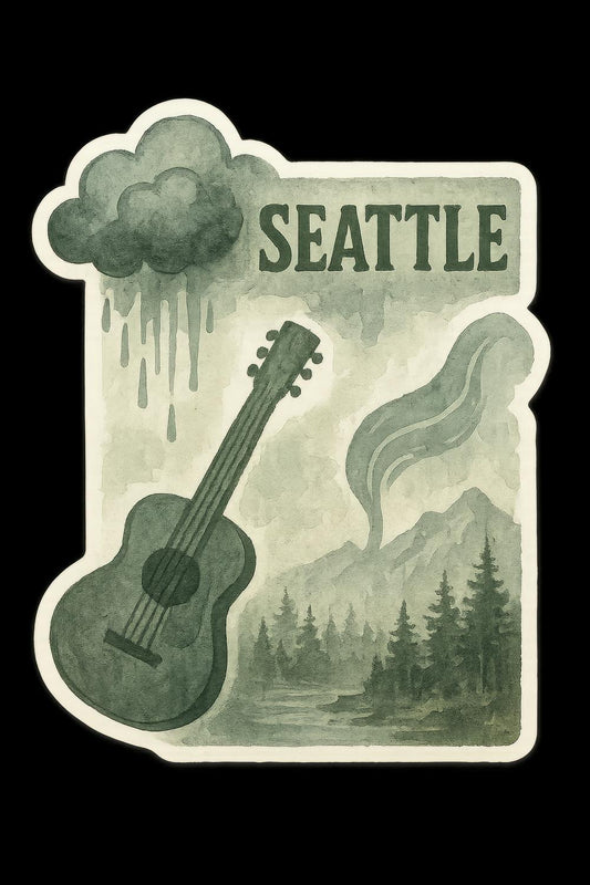 Seattle Rainy Cityscape Sticker, Watercolor Guitar and Clouds, Pacific Northwest Travel Decal